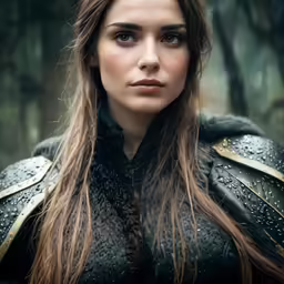 the woman wearing a leather outfit stands in front of trees