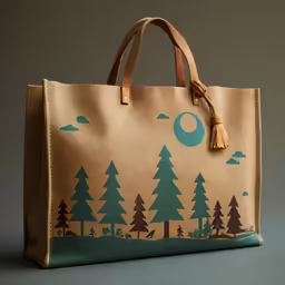 a brown handbag with a mountain scene on it