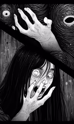 the painting is black and white with two hands holding a knife