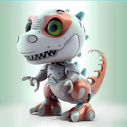 a plastic toy that looks like a dinosaur,the little robot dino with green eyes and orange accents