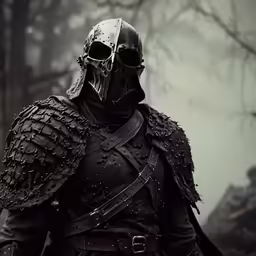 the skull - laden knight is walking through the woods