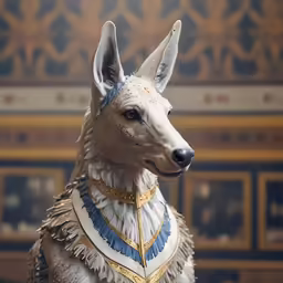 a white statue is posed wearing blue and gold jewelry