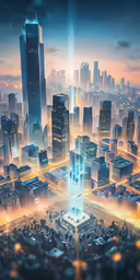 an aerial view of the city lights shine brightly