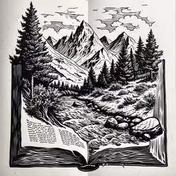 a sketched page with trees and a mountain,a book opened to pages with trees, rocks and water on them