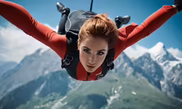 a woman in an orange shirt and black backpack is suspended upside down over mountains
