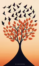 the tree has many birds flying above it
