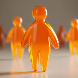 a group of orange figurines with the face and arms looking straight ahead