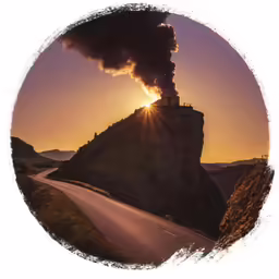 an image of a winding road with a smoke stack rising from it