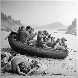a group of people with guns in a canoe