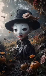 a halloween costumed doll is being held by a hand
