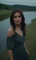 an image of a girl in a green dress standing by the river