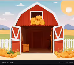there is a picture of an outside country scene,there is a barn with oranges hanging over the door