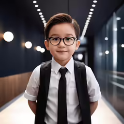 a young boy is wearing glasses and a tie