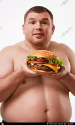 a man holding a hamburger up to his stomach