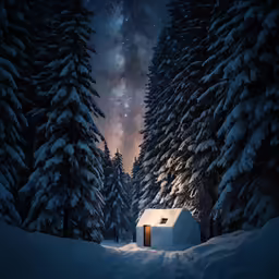 a house in the snow surrounded by evergreen trees