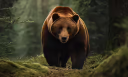 a large brown bear standing in the middle of a forest