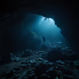 a man standing in the middle of a dark cave