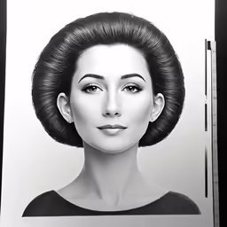 a woman in a black dress with hair in an angled style