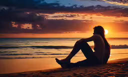 a man sitting on a beach as the sun sets,a man sits on the beach as the sun sets