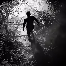 silhouetted person walking through the middle of dry brush