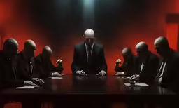 five men sitting at a long table dressed in business attire