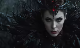 a close up shot of a woman wearing a dark outfit