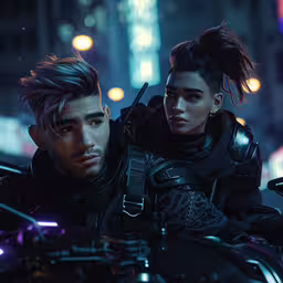 cyber girl standing next to a man who has a gun in his hand,cyber couple standing near motorcycle in an underground city