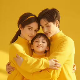 two people standing next to each other in front of a yellow wall