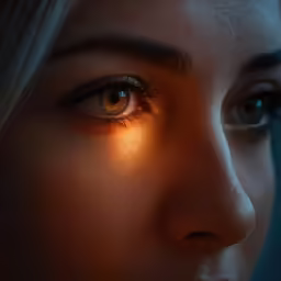 an orange - colored picture of a woman with yellow eyes