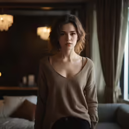 woman in a tan sweater and black pants, standing beside a couch in a room