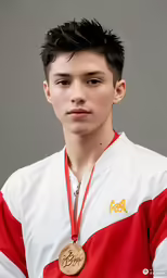 a boy poses for a photo wearing a medal