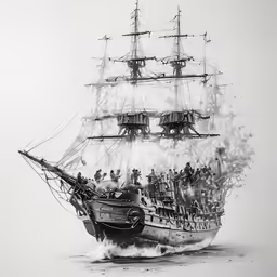 a painting of a ship full of people, sails are in the water