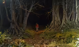 a trail at night is bordered by tall trees