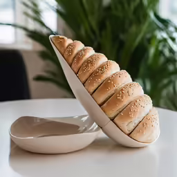 a sandwich bun on a plate with a spoon