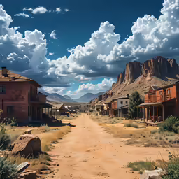 a dirt road in a beautiful countryside with houses on each side