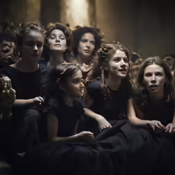 two young women are sitting on the floor in front of a crowd of girls