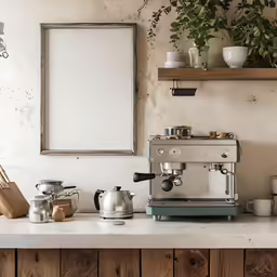 a picture frame on the wall over a coffee machine