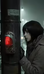a woman is leaning against a pole on the street