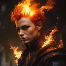 a woman with red hair in front of a fire