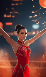 a woman in a red dress holding onto a string