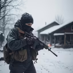 a soldier walks through the snow with his rifle