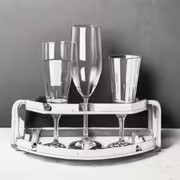 several wine glasses are arranged on a glass rack