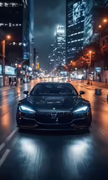 black sports car driving on wet street in the night