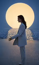 a woman wearing a blazer and pants standing by the water at sunset