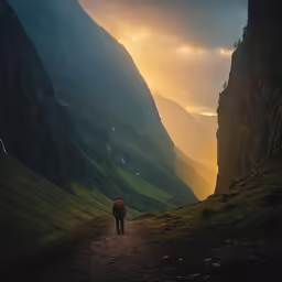 a man hiking the side of a mountain on top of a green hillside