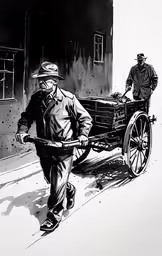 black and white drawing of two men walking with a wagon