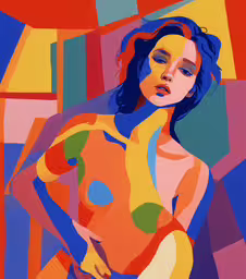 a painting that looks like a woman with different colors,a painting with multiple squares and a woman in it