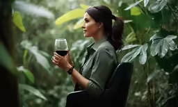 a woman holding a glass of wine near lush green foliage