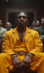 man in bright yellow outfit sitting on leather chair