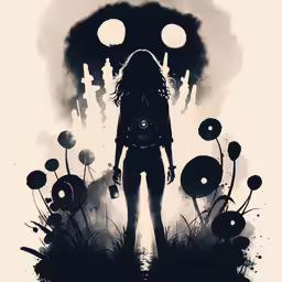 an art work with an alien like person, surrounded by strange lights